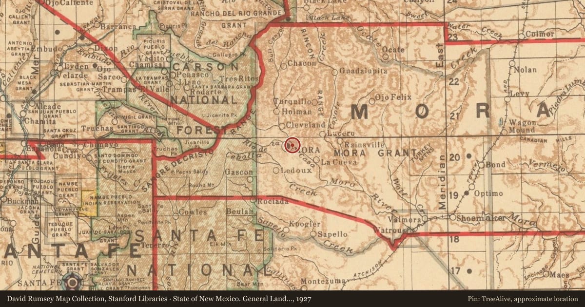 State of New Mexico. General Land Office, 1927, covering the location of Revistas, Maromas, and Carpas and Florinda Naranjo Ortiz, with a pin at the marker's coordinates