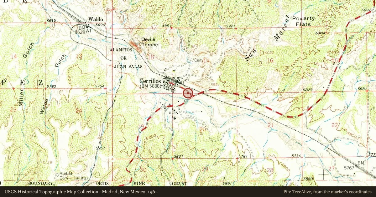 Madrid, New Mexico, 1961, covering the location of Cerrillos, with a pin at the marker's coordinates