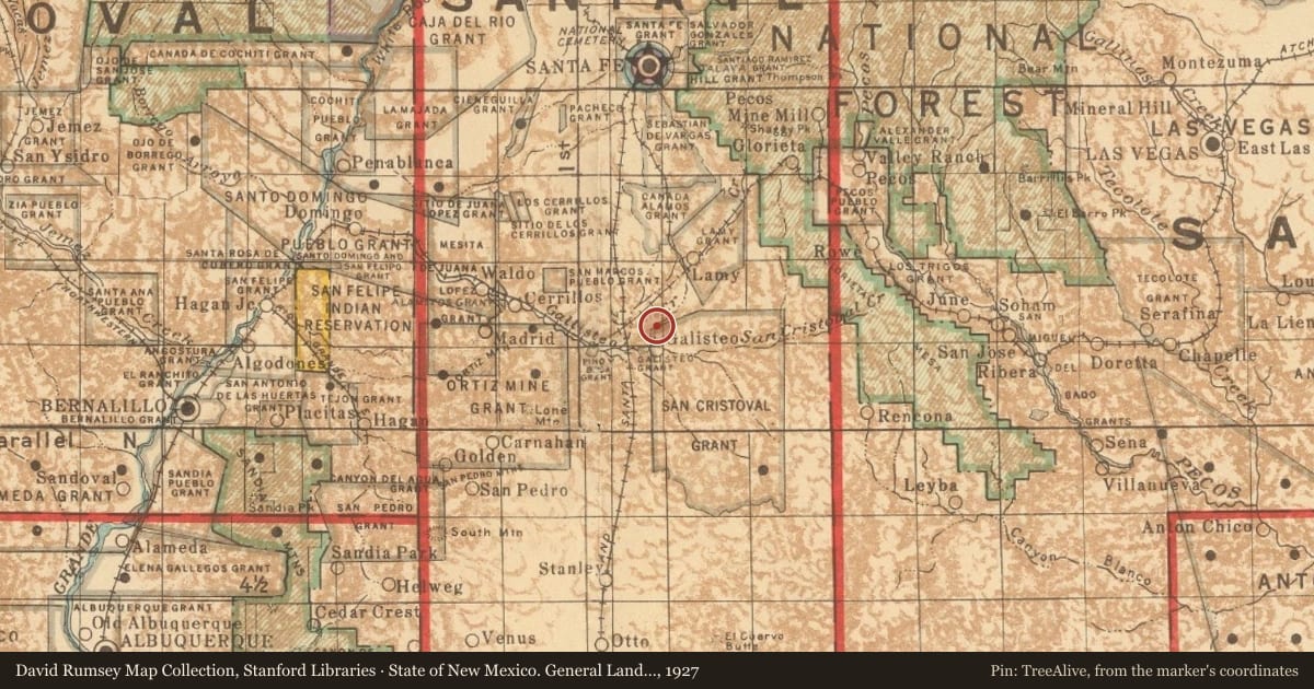 State of New Mexico. General Land Office, 1927, covering the location of Galisteo Pueblo, with a pin at the marker's coordinates