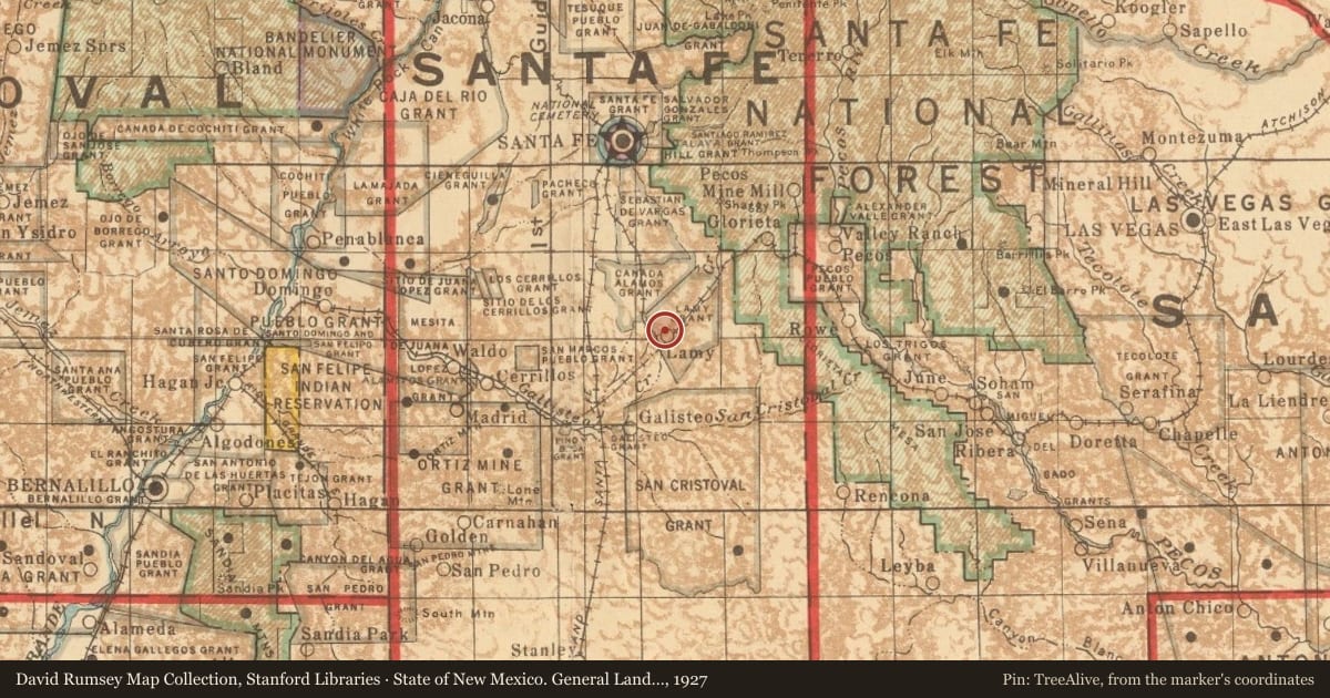 State of New Mexico. General Land Office, 1927, covering the location of Galisteo Basin, with a pin at the marker's coordinates