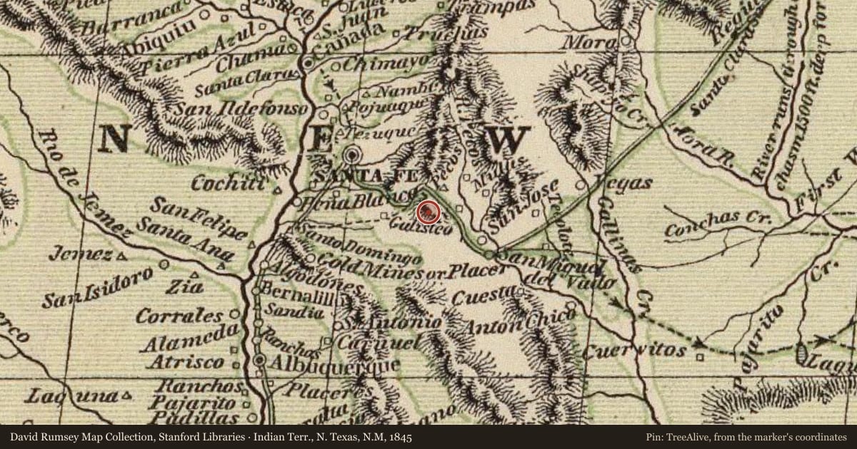 Indian Terr., N. Texas, N.M, 1845, covering the location of Cañoncito at Apache Canyon, with a pin at the marker's coordinates