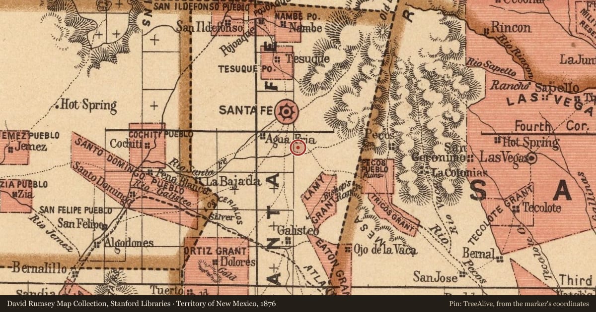 Territory of New Mexico, 1876, covering the location of Seton Village, with a pin at the marker's coordinates