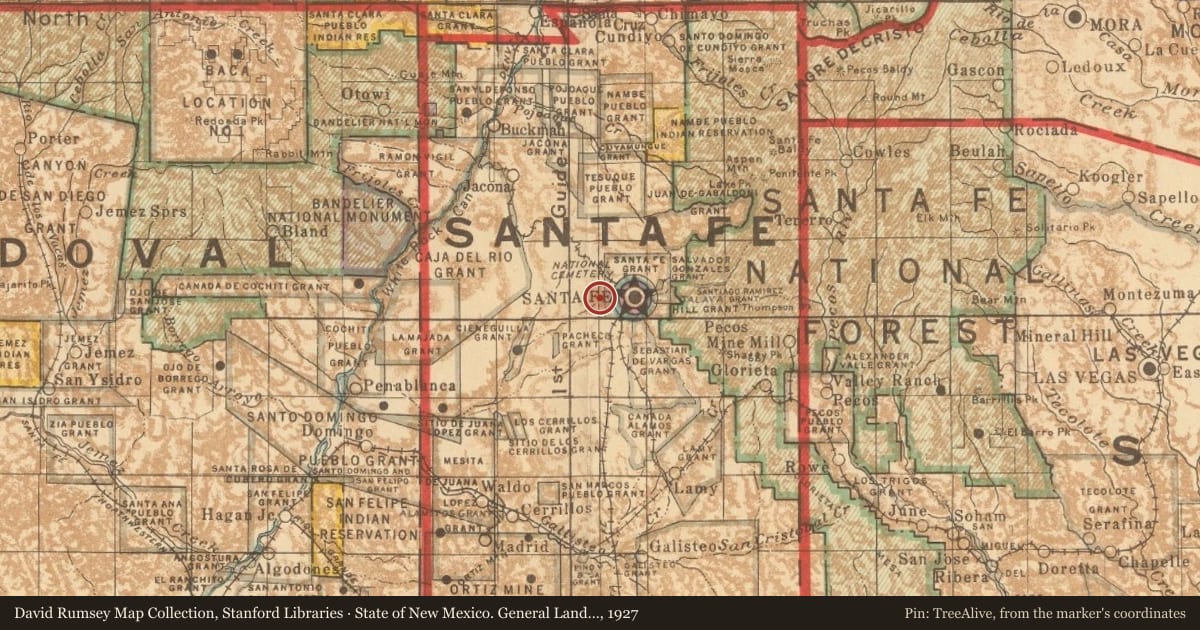 State of New Mexico. General Land Office, 1927, covering the location of San Isidro Catholic Church, with a pin at the marker's coordinates