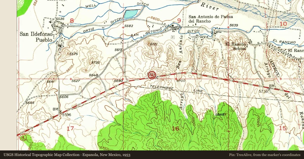 Espanola, New Mexico, 1953, covering the location of Jémez  Mountains (1), with a pin at the marker's coordinates