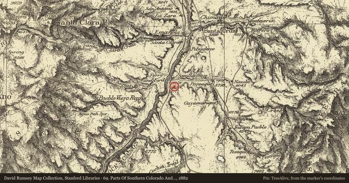 69. Parts Of Southern Colorado And Northern New Mexico, 1882, covering the location of Pueblo of San Ildefonso, with a pin at the marker's coordinates