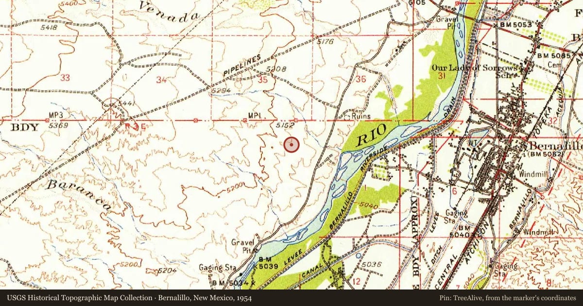 Bernalillo, New Mexico, 1954, covering the location of Spanish Entrada Site, with a pin at the marker's coordinates