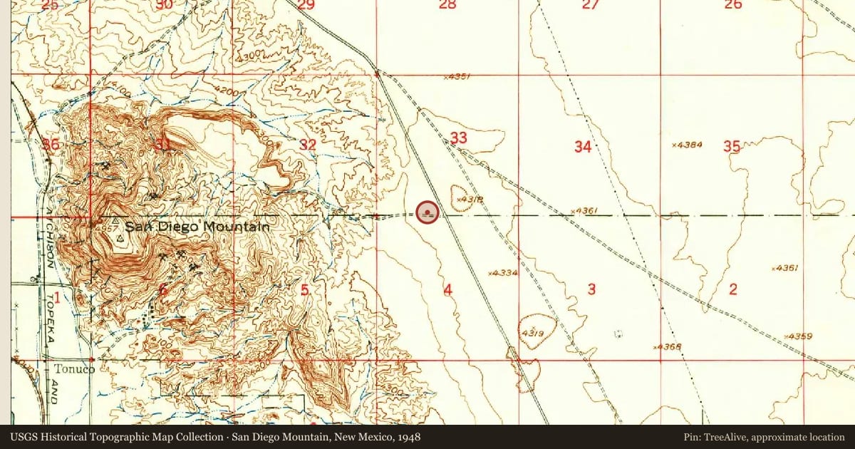 San Diego Mountain, New Mexico, 1948, covering the location of Paraje San Diego, with a pin at the marker's coordinates