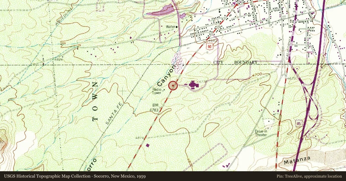 Socorro, New Mexico, 1959, covering the location of Socorro, with a pin at the marker's coordinates