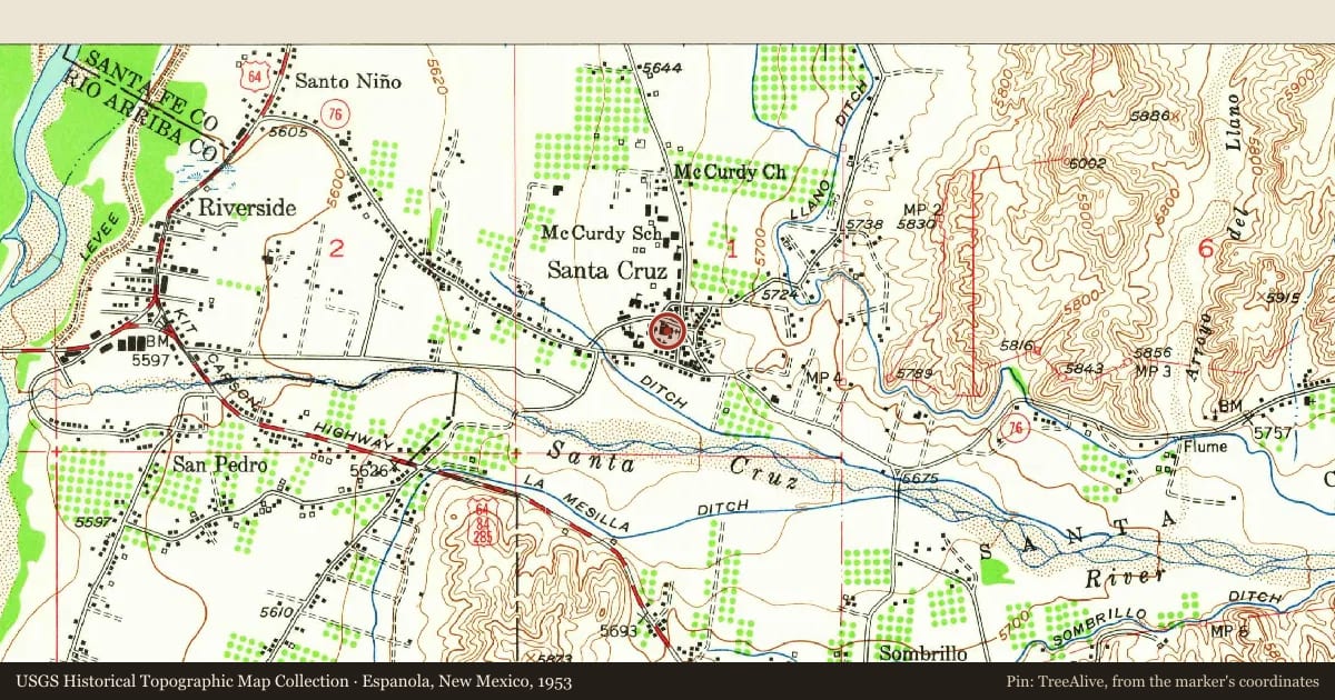 Espanola, New Mexico, 1953, covering the location of Santa Cruz de la Cañada / Santa Cruz Plaza on the Camino Real, with a pin at the marker's coordinates