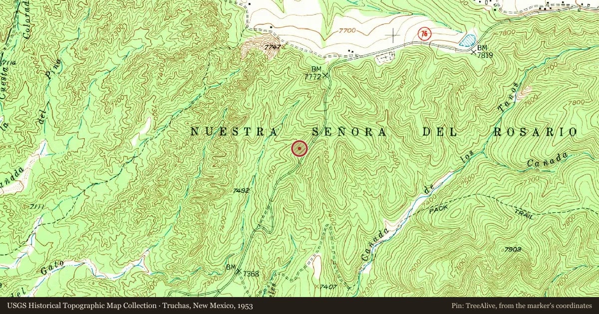Truchas, New Mexico, 1953, covering the location of Truchas, with a pin at the marker's coordinates