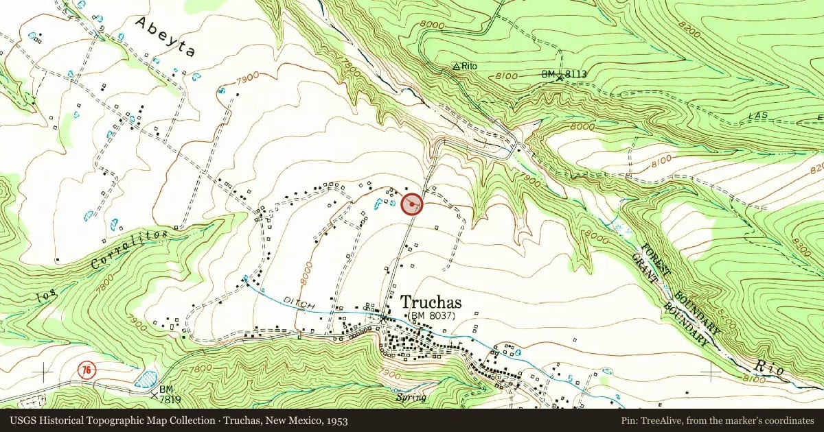 Truchas, New Mexico, 1953, covering the location of Truchas Peaks, with a pin at the marker's coordinates