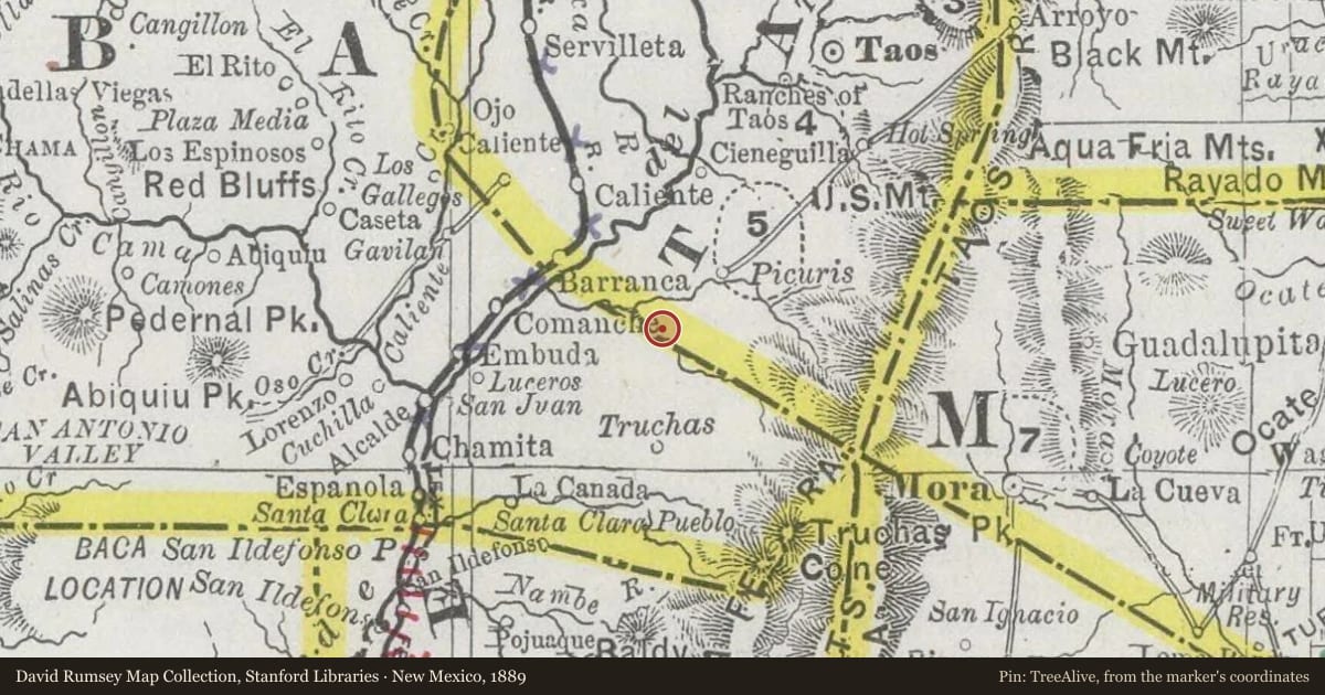 New Mexico, 1889, covering the location of Las Trampas, with a pin at the marker's coordinates