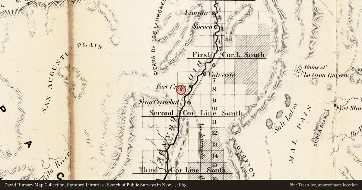 Sketch of Public Surveys in New Mexico 1863, 1863, covering the location of Valverde Battlefield, with a pin at the marker's coordinates