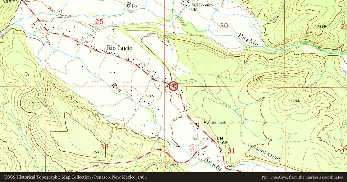 Penasco, New Mexico, 1964, covering the location of Pueblo of Picurís, with a pin at the marker's coordinates
