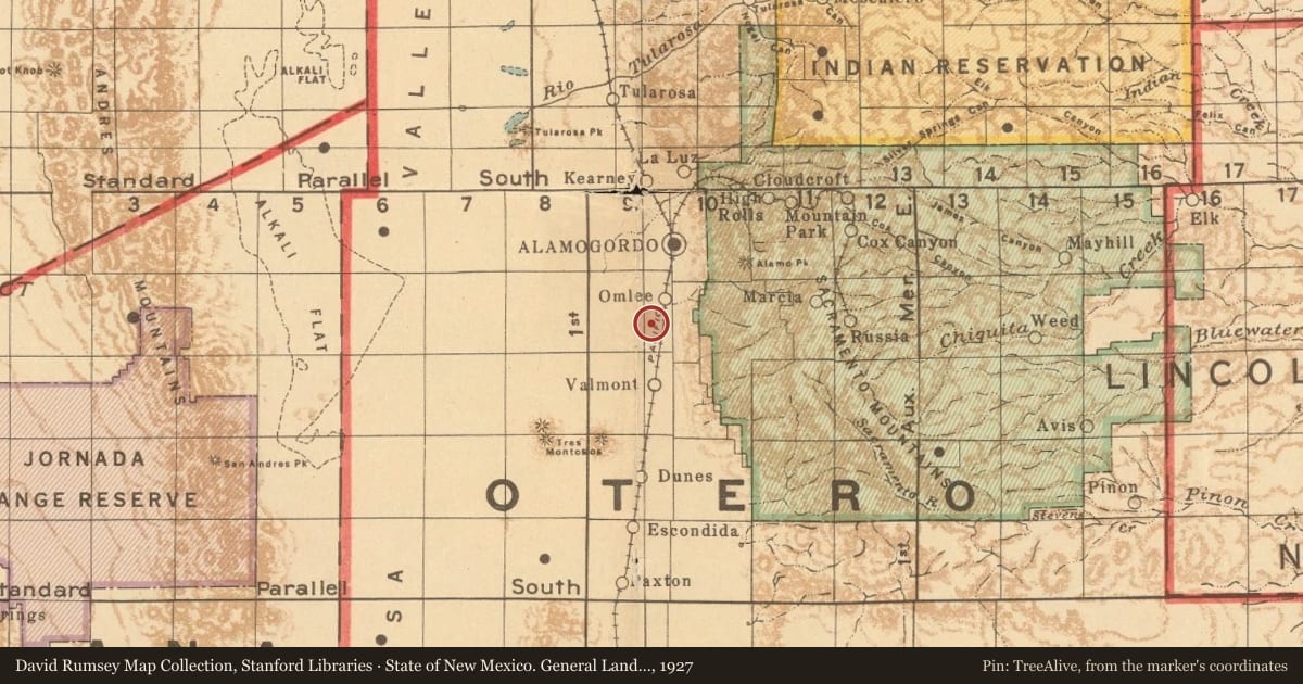 State of New Mexico. General Land Office, 1927, covering the location of Calvin Boles / Yucca Records, with a pin at the marker's coordinates