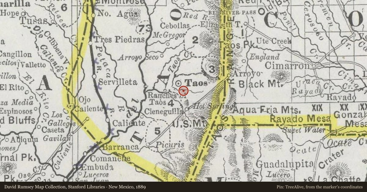 New Mexico, 1889, covering the location of Taos Canyon, with a pin at the marker's coordinates