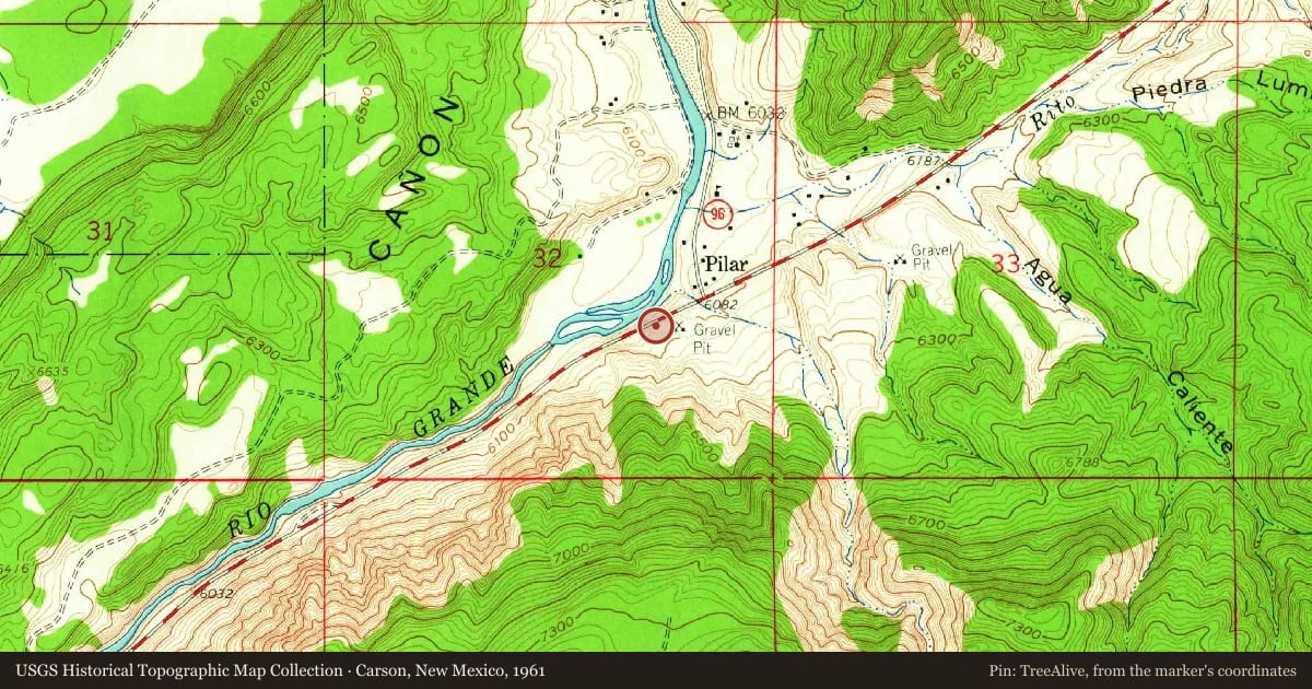 Carson, New Mexico, 1961, covering the location of Pilar, with a pin at the marker's coordinates
