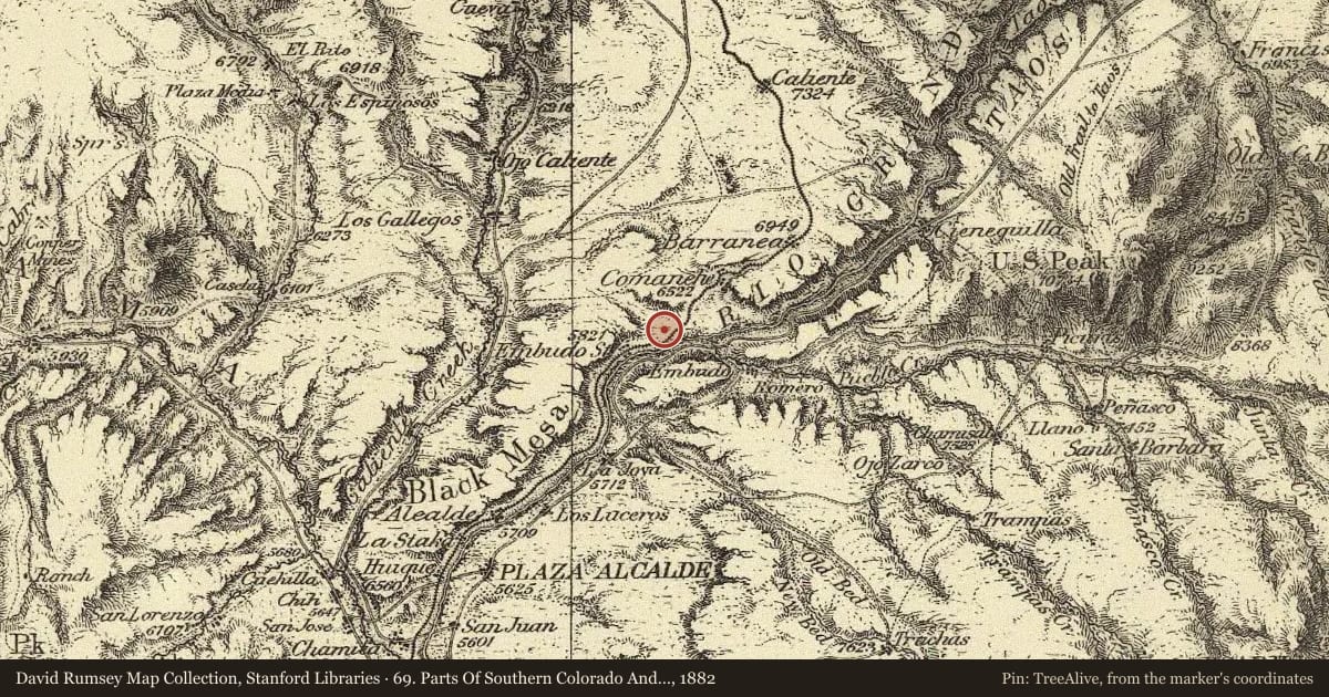 69. Parts Of Southern Colorado And Northern New Mexico, 1882, covering the location of Embudo Stream-Gauging Station, with a pin at the marker's coordinates