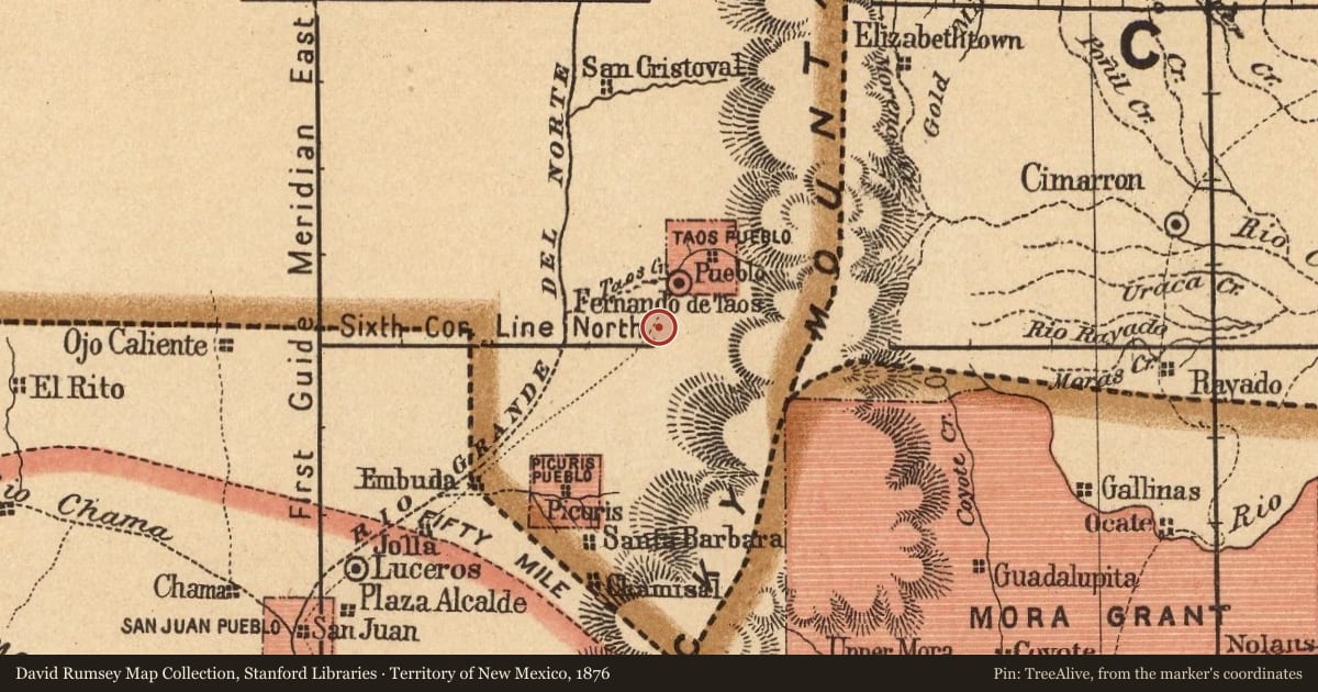 Territory of New Mexico, 1876, covering the location of San Francisco de Asís Church, Ranchos de Taos, New Mexico, with a pin at the marker's coordinates