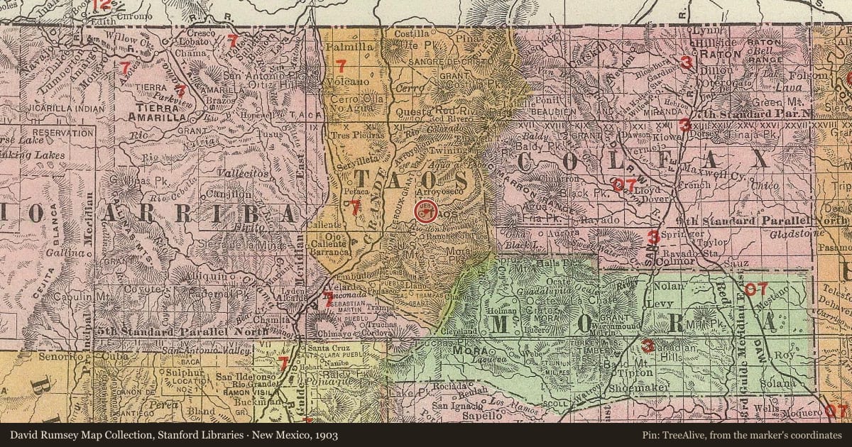 New Mexico, 1903, covering the location of Taos, with a pin at the marker's coordinates