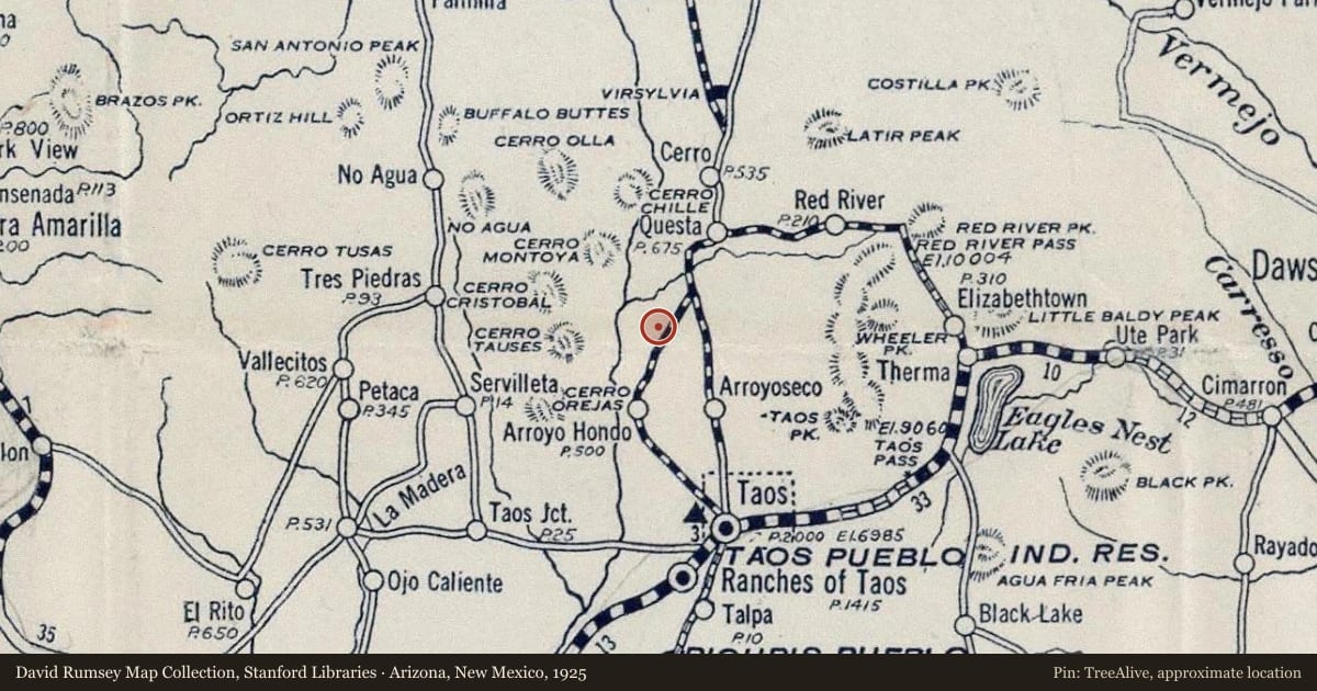 Arizona, New Mexico, 1925, covering the location of D. H. Lawrence Ranch, University of New Mexico, with a pin at the marker's coordinates