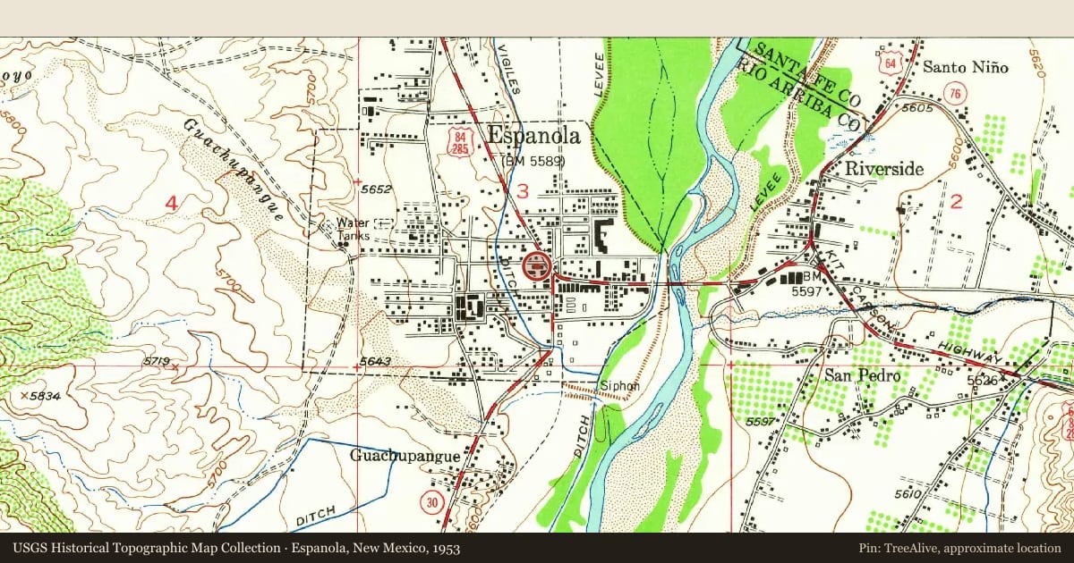 Espanola, New Mexico, 1953, covering the location of Domínguez Escalante Trail, with a pin at the marker's coordinates