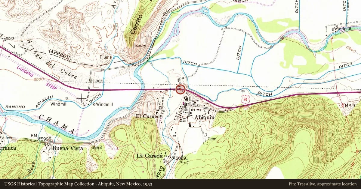 Abiquiu, New Mexico, 1953, covering the location of Abiquiú, with a pin at the marker's coordinates