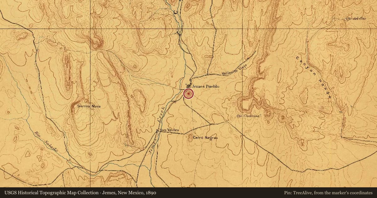 Jemes, New Mexico, 1890, covering the location of Pueblo of Jémez, with a pin at the marker's coordinates