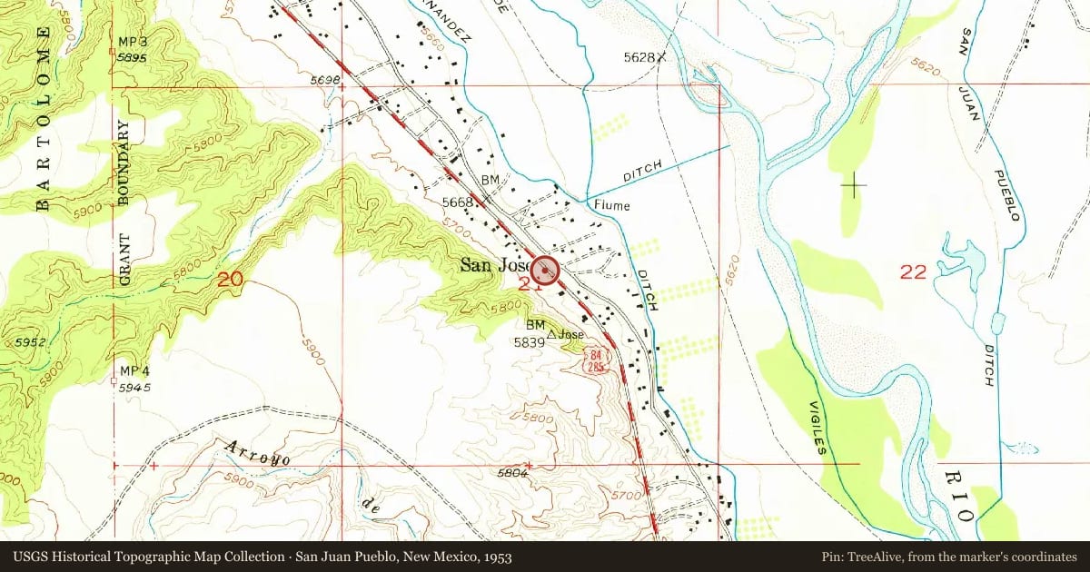 San Juan Pueblo, New Mexico, 1953, covering the location of Brazos Cliffs, with a pin at the marker's coordinates