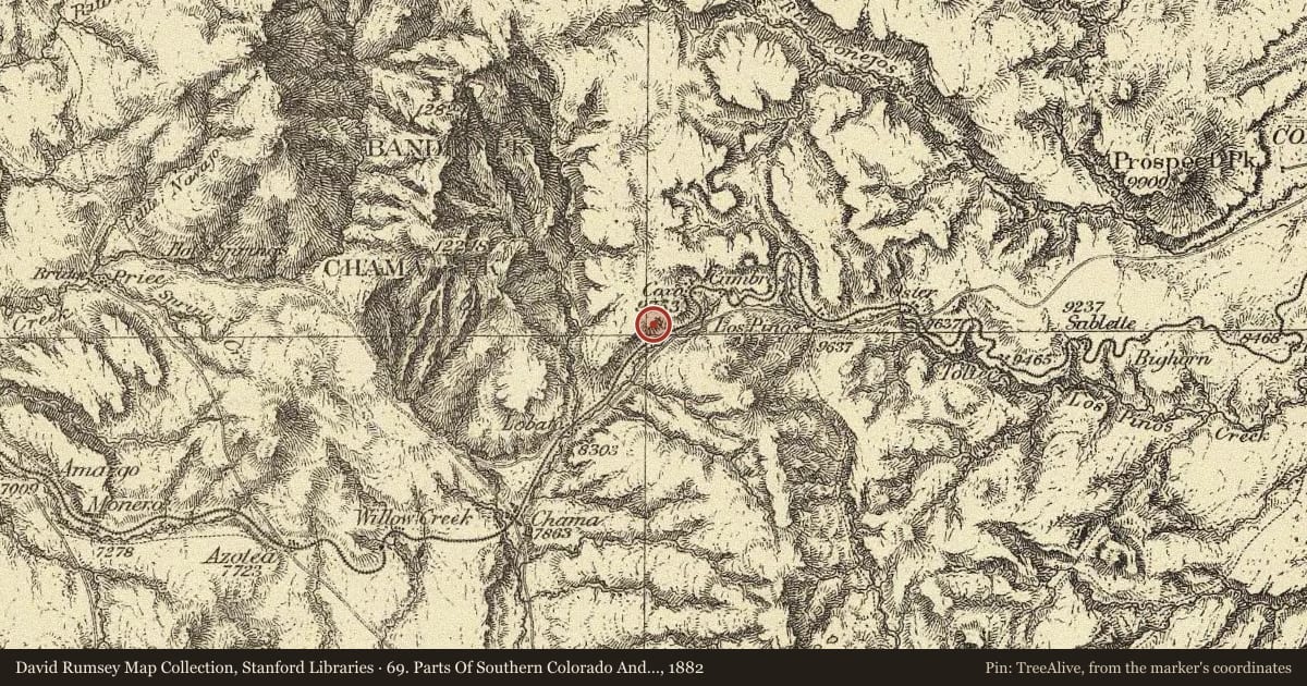 69. Parts Of Southern Colorado And Northern New Mexico, 1882, covering the location of Cumbres Pass, with a pin at the marker's coordinates
