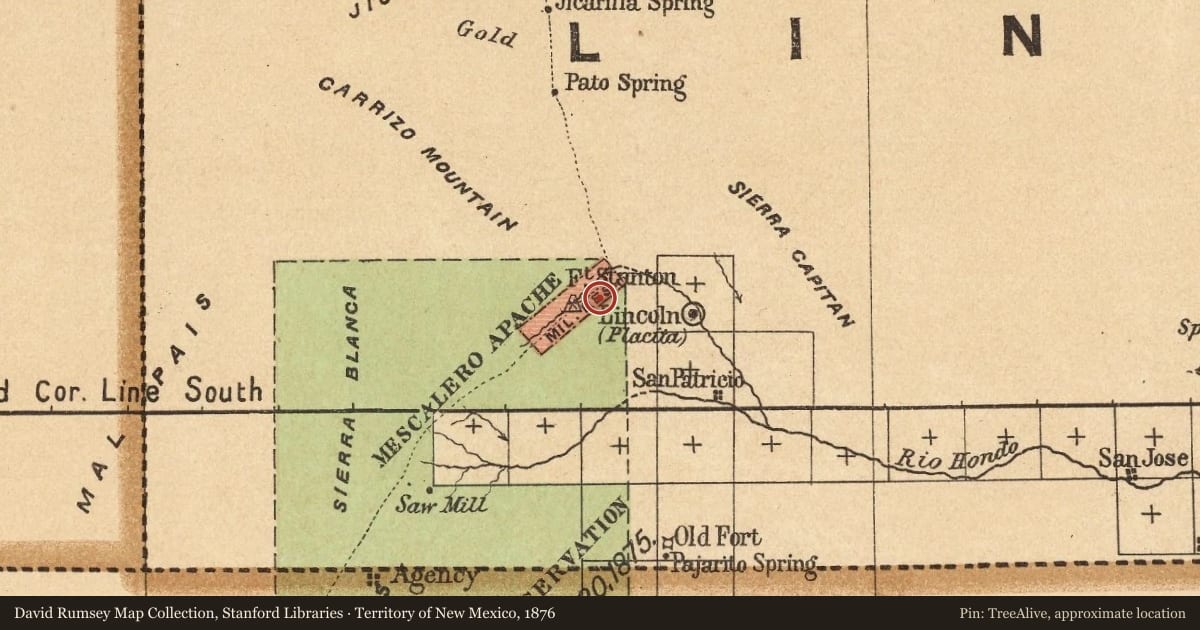 Territory of New Mexico, 1876, covering the location of Capitán (2), with a pin at the marker's coordinates