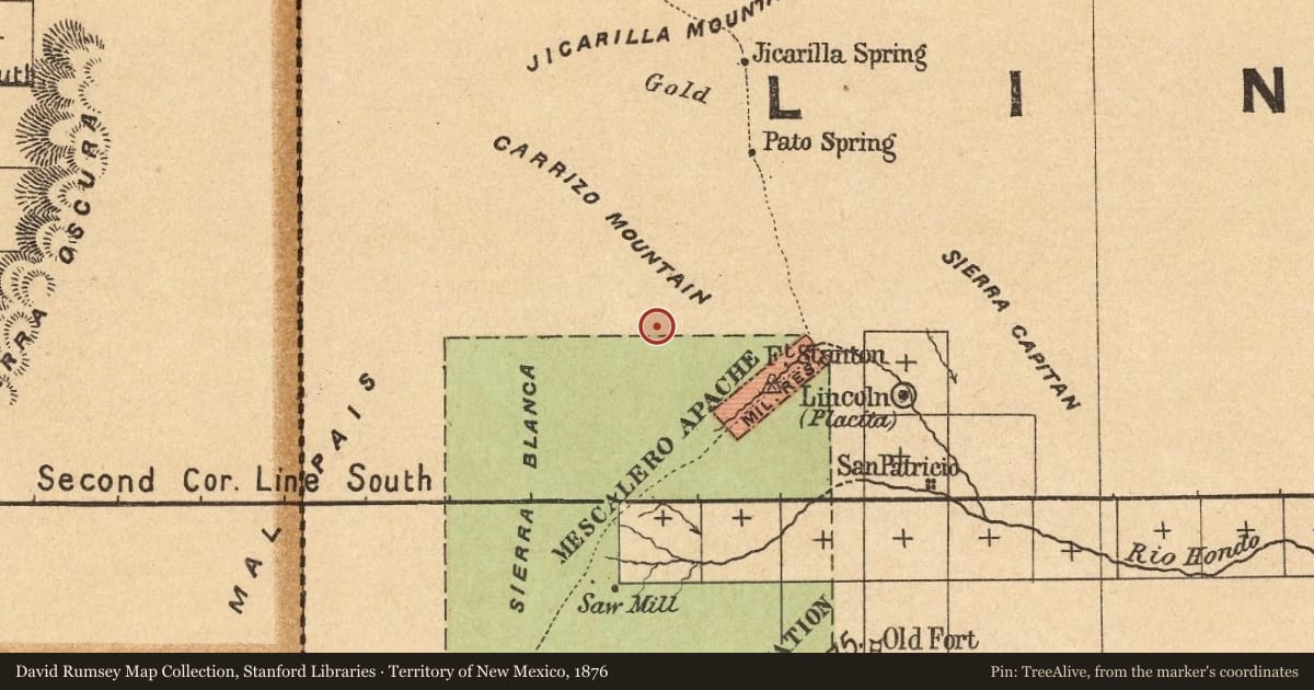 Territory of New Mexico, 1876, covering the location of Capitán (3), with a pin at the marker's coordinates