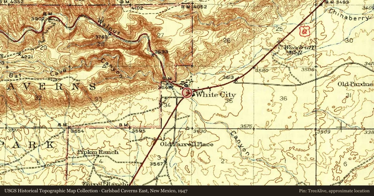 Carlsbad Caverns East, New Mexico, 1947, covering the location of Carlsbad Caverns National Park (2), with a pin at the marker's coordinates
