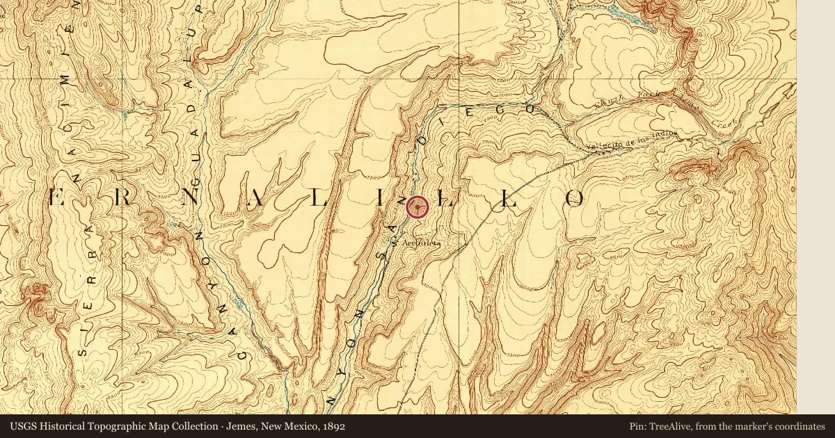 Jemes, New Mexico, 1892, covering the location of Jemez State Monument (1), with a pin at the marker's coordinates