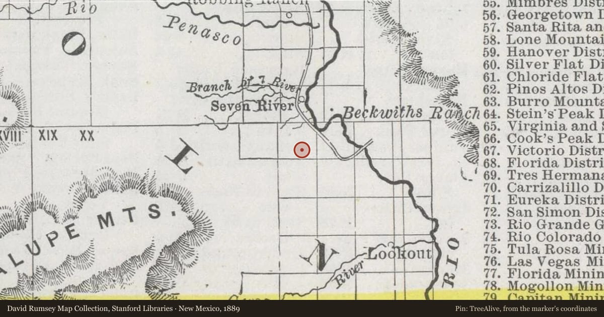 New Mexico, 1889, covering the location of Carlsbad Irrigation Flume, with a pin at the marker's coordinates