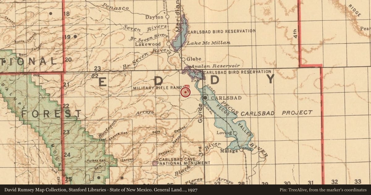 State of New Mexico. General Land Office, 1927, covering the location of Civilian Conservation Corps, Carlsbad Campsite, with a pin at the marker's coordinates