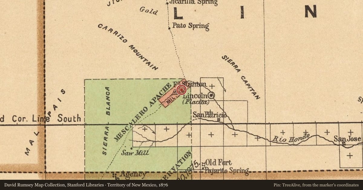 Territory of New Mexico, 1876, covering the location of Lincoln (3), with a pin at the marker's coordinates