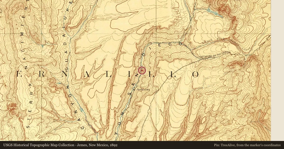 Jemes, New Mexico, 1892, covering the location of Soda Dam, with a pin at the marker's coordinates