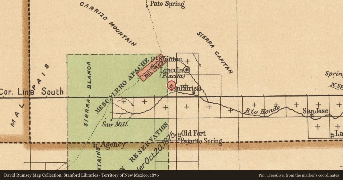 Territory of New Mexico, 1876, covering the location of San Patricio, with a pin at the marker's coordinates