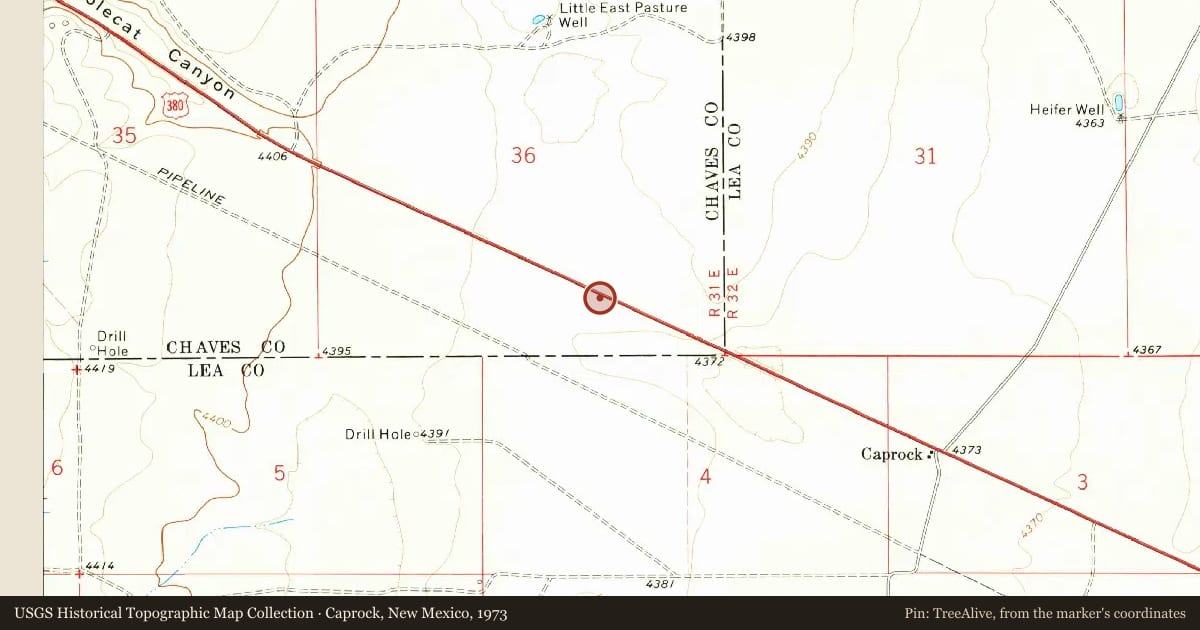 Caprock, New Mexico, 1973, covering the location of Llano Estacado (5), with a pin at the marker's coordinates