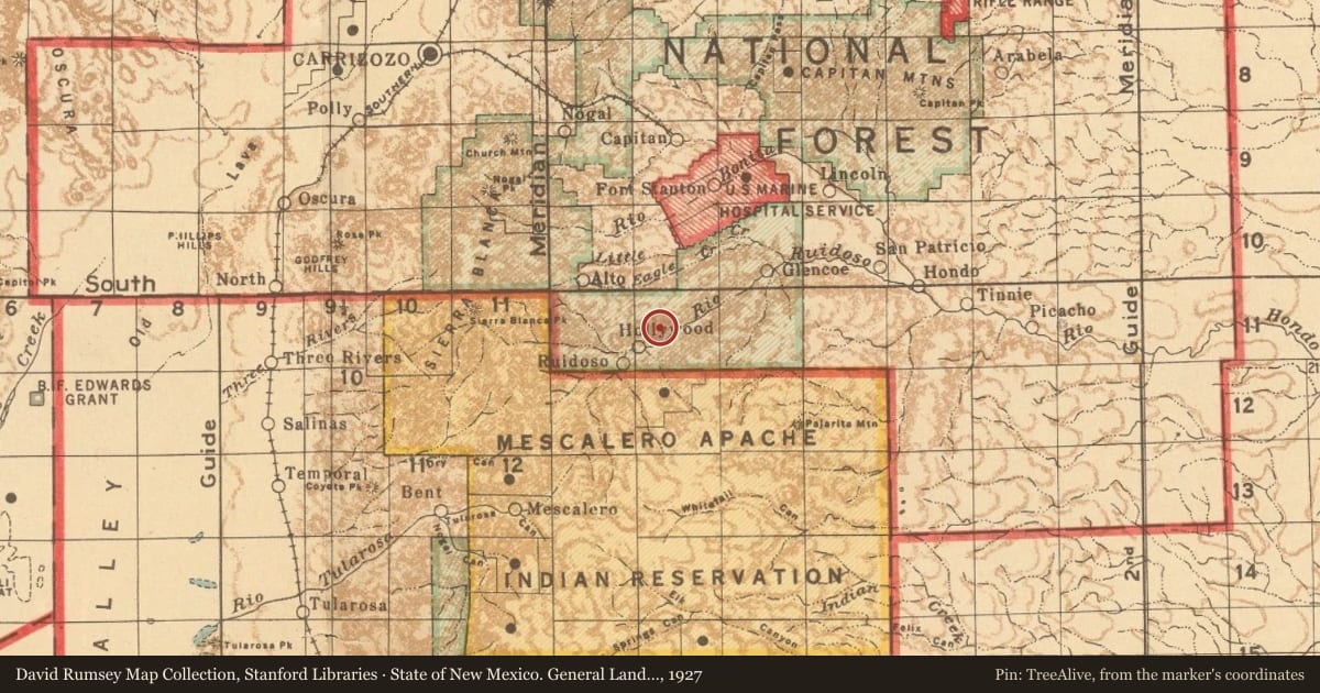 State of New Mexico. General Land Office, 1927, covering the location of Old Dowlin Mill, with a pin at the marker's coordinates