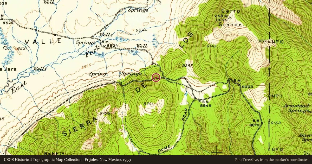 Frijoles, New Mexico, 1953, covering the location of Valle Grande (1), with a pin at the marker's coordinates