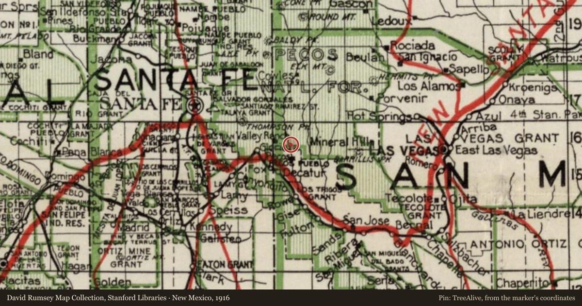 New Mexico, 1916, covering the location of San Antonio de Padua Catholic Church, with a pin at the marker's coordinates