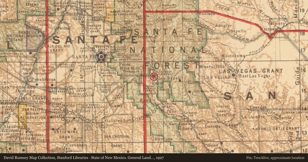 State of New Mexico. General Land Office, 1927, covering the location of Pecos National Historical Park, with a pin at the marker's coordinates