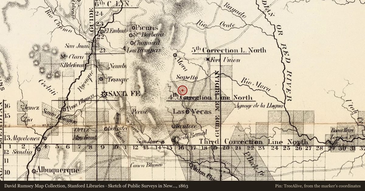 Sketch of Public Surveys in New Mexico 1863, 1863, covering the location of Hermit’s Peak, with a pin at the marker's coordinates
