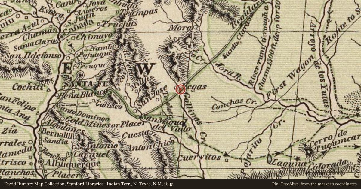 Indian Terr., N. Texas, N.M, 1845, covering the location of Las Vegas, with a pin at the marker's coordinates