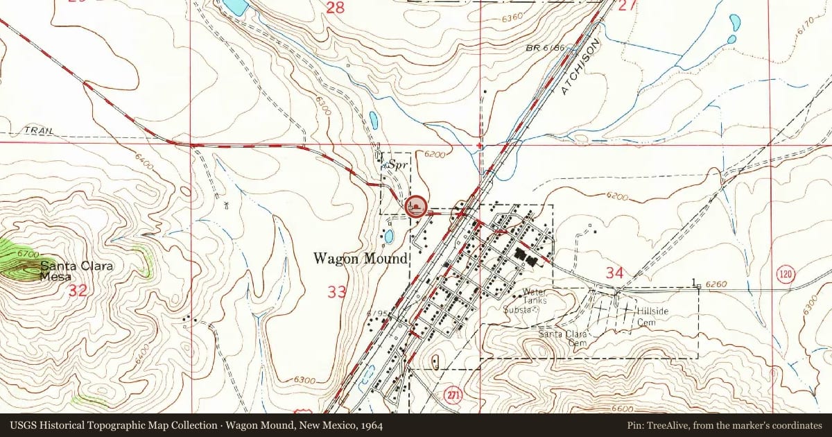 Wagon Mound, New Mexico, 1964, covering the location of Wagon Mound, with a pin at the marker's coordinates