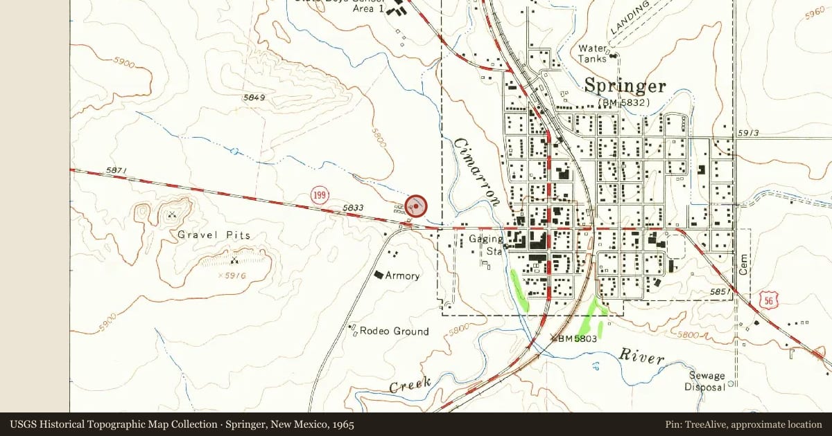 Springer, New Mexico, 1965, covering the location of Springer (1), with a pin at the marker's coordinates
