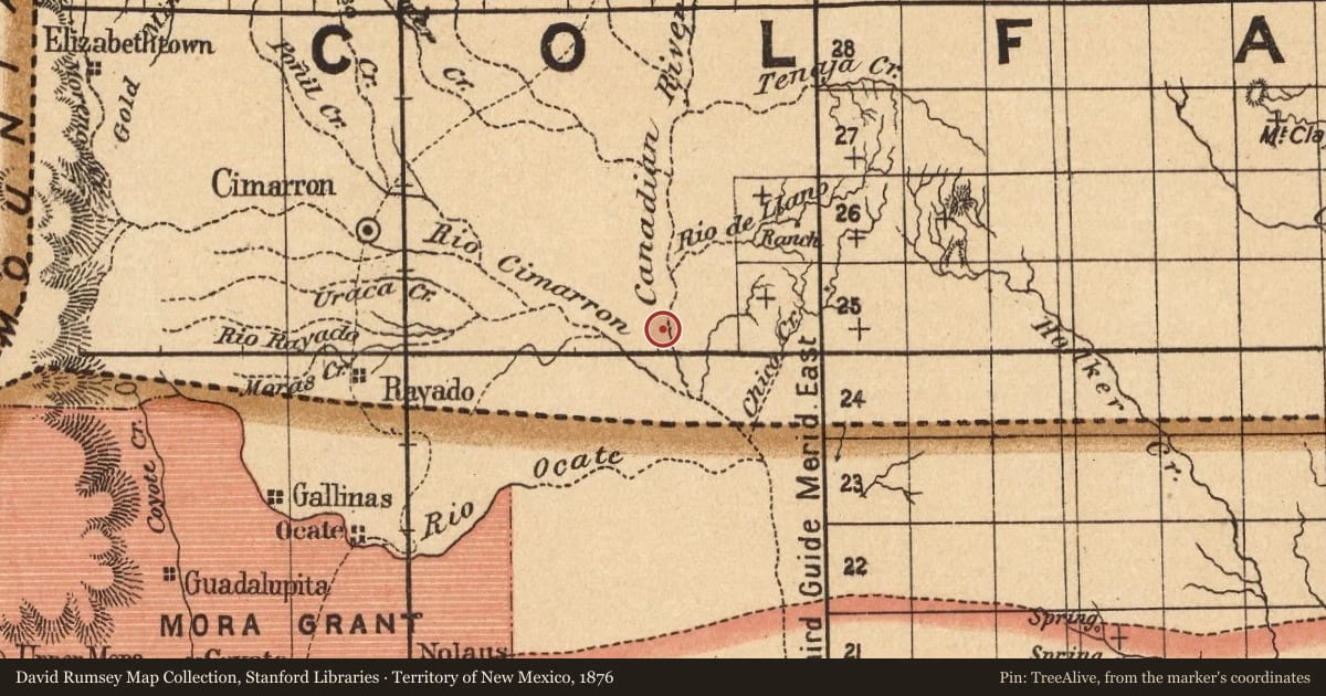 Territory of New Mexico, 1876, covering the location of Old Colfax County Courthouse, with a pin at the marker's coordinates