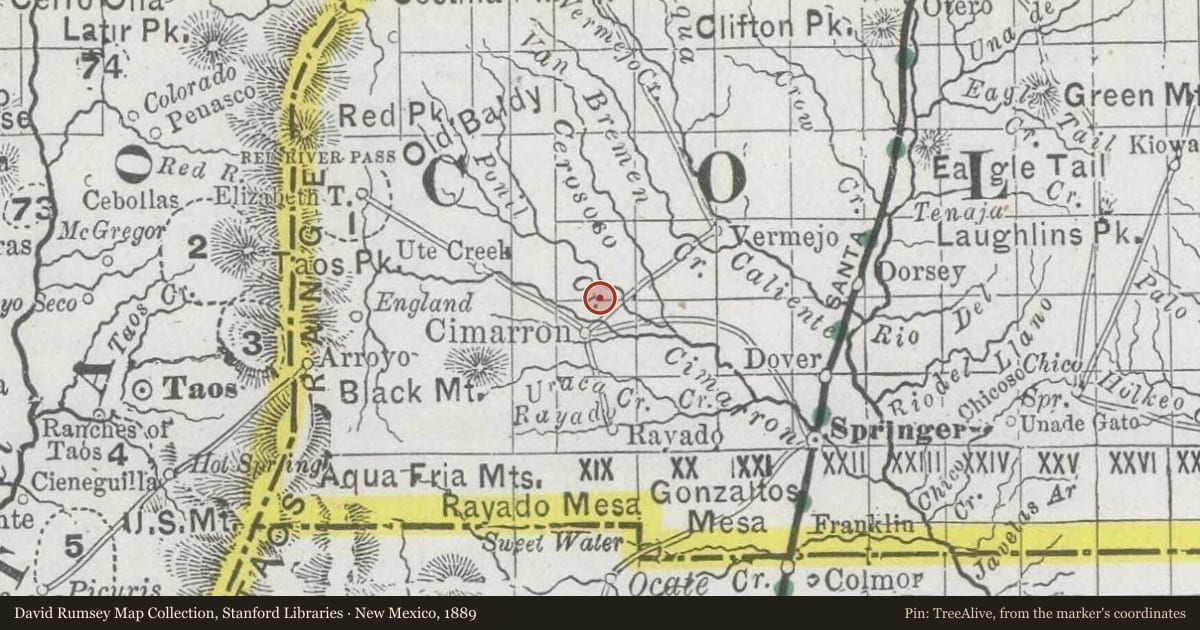 New Mexico, 1889, covering the location of Black Jack’s Hideout, with a pin at the marker's coordinates